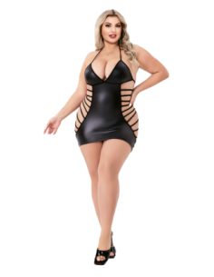 STRAPPY WETLOOK MINI DRESS BLACK, Q