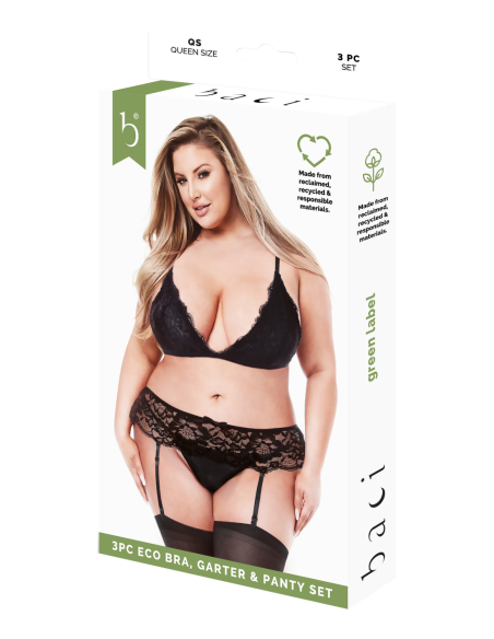BACI 3 UDS. CONJUNTO DE SUJETADOR, LIGA Y BRAGAS ECOLÓGICO NEGRO, QS